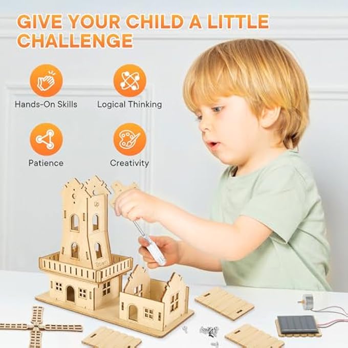 STEM SOLAR POWERED 3D WOODEN PUZZLE KIT - DIY WINDMILL HOUSE CONSTRUCTION TOY, EDUCATIONAL SCIENCE CRAFT FOR KIDS AGES 8-15 & ADULTS,CREATIVE HANDS-ON MODEL BUILDING PROJECT,CLEAR ENGLISH INSTRUCTION. - Image 4